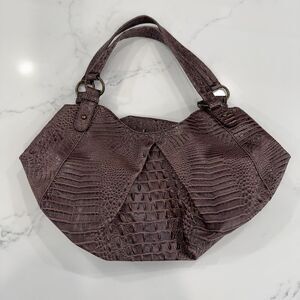 Allan Edward Brown Croc Embossed Shoulder Bag Purse‎ With Leopard Print Lining